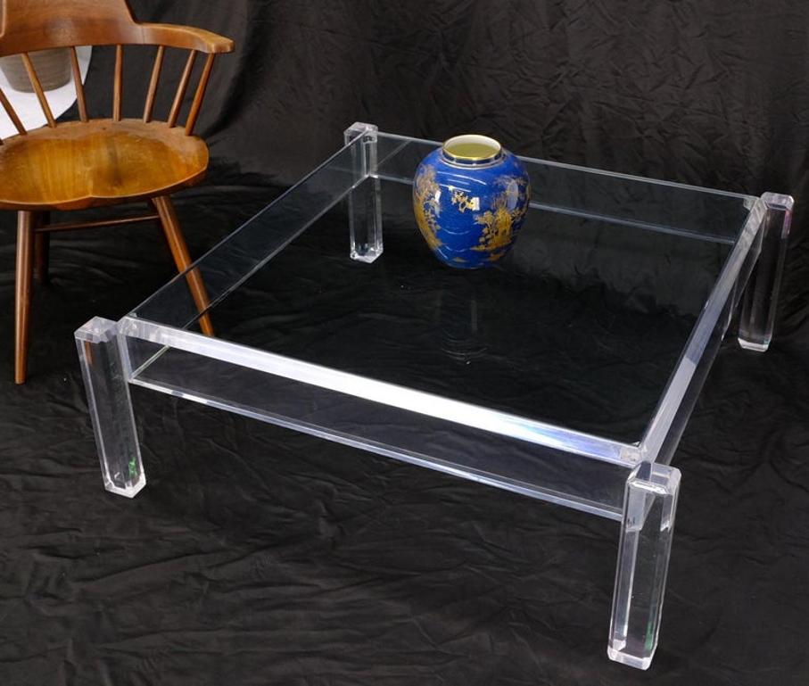 Mid Century Modern Thick Polished Lucite Base Glass Top Square Coffee Table