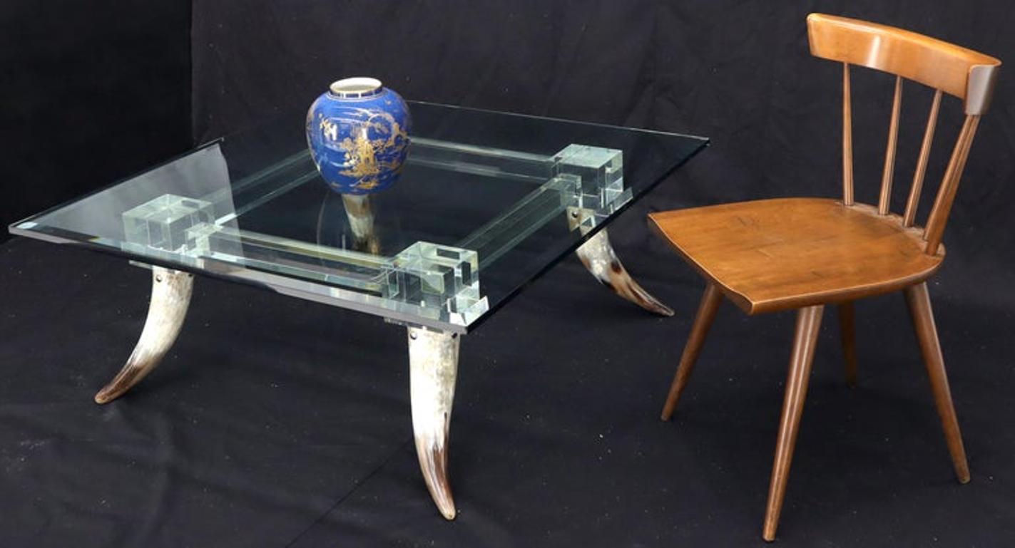 Bull Horns Shaped to Legs Lucite Stretchers Base Square Glass Top Coffee Table