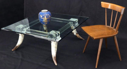 Bull Horns Shaped to Legs Lucite Stretchers Base Square Glass Top Coffee Table