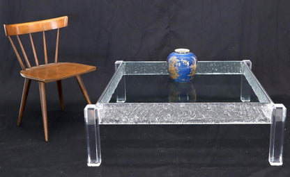 Large Square Carved Lucite Glass Top Coffee Table