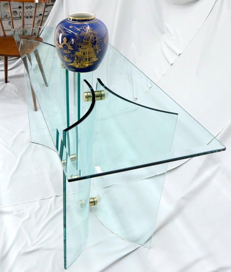 Curved Glass Base Glass Top Brass Stretchers Console Table