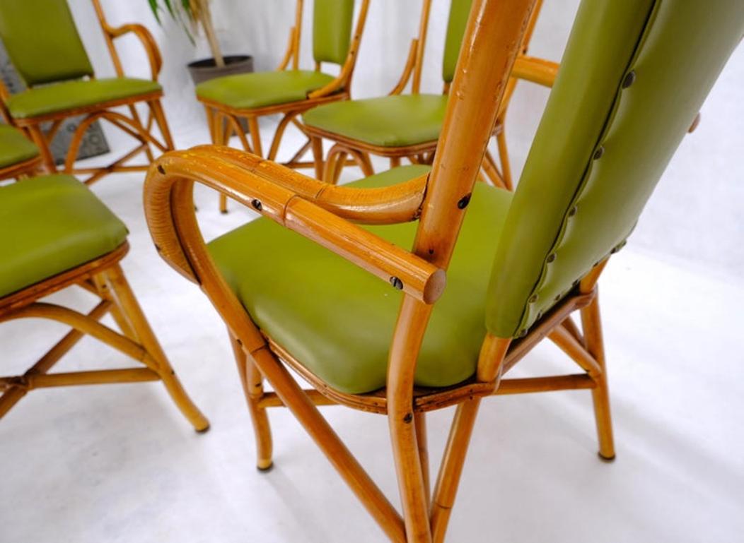 Set of 6 Vintage Rattan Bamboo Dining Chairs w/ Green Upholstery