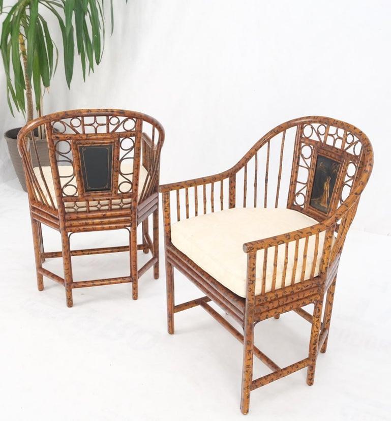 Pair Burnt Bamboo Asian Motive Plaque Decorated Lounge Fireside Chairs Cane Seat