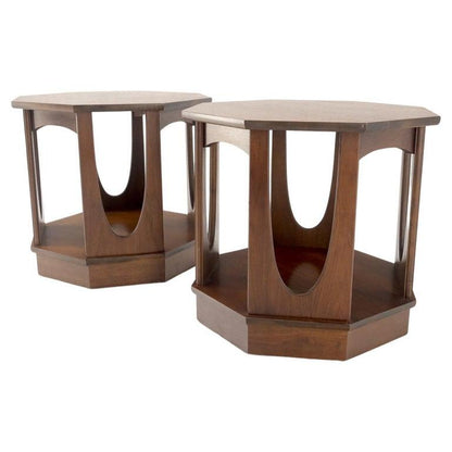 Pair of Mid-Century Modern Walnut Octagon Shape End Side Occasional Tables Mint!