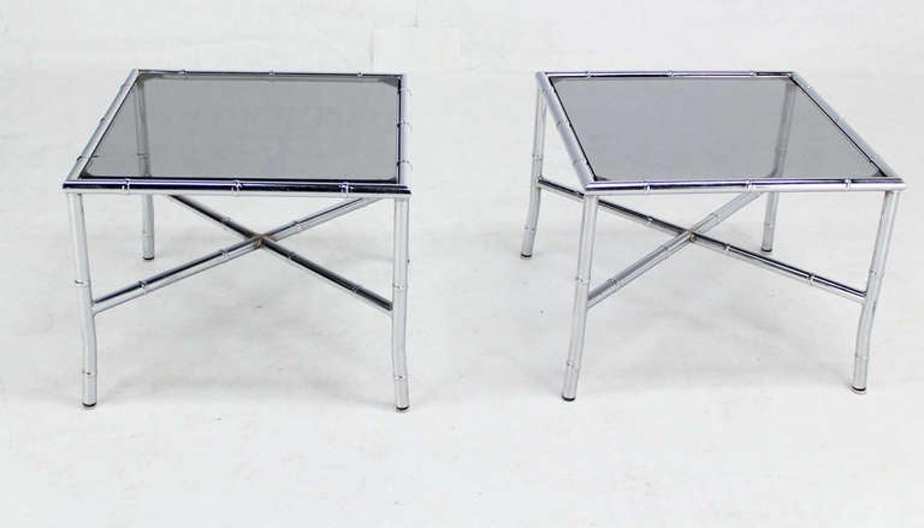 Pair of Chrome Faux Bamboo X Base End Tables with Smoked Glass Tops