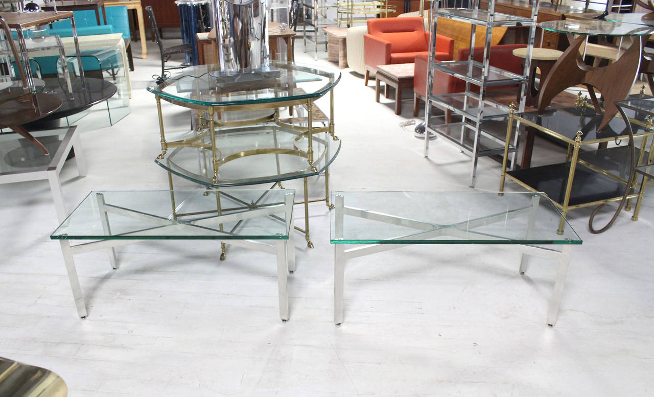 Pair of rectangular X Base Glass Tops Coffee Side Tables Stands.