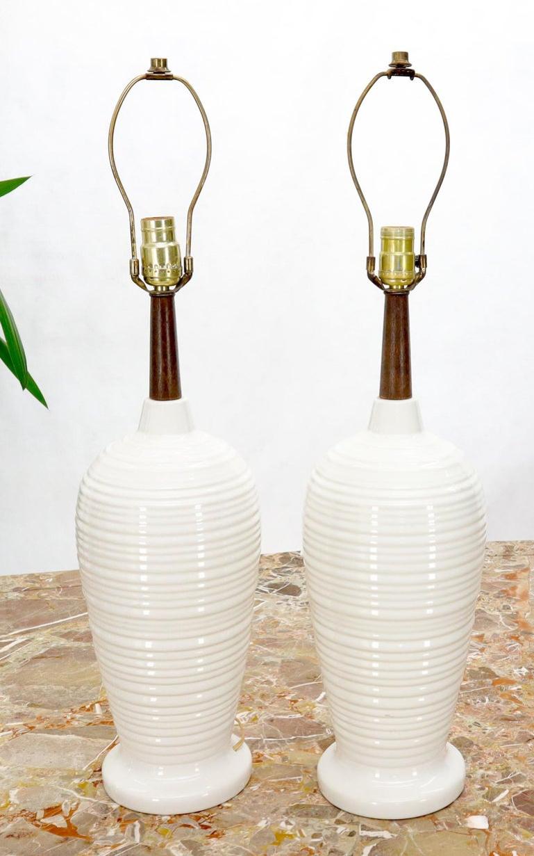 Pair of Vase Shape Glazed Ceramic Pottery Walnut Table Lamps