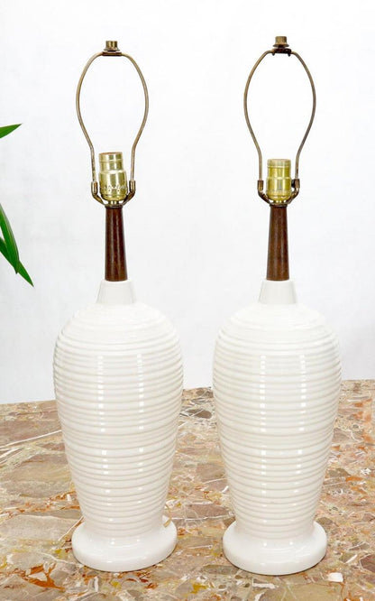 Pair of Vase Shape Glazed Ceramic Pottery Walnut Table Lamps