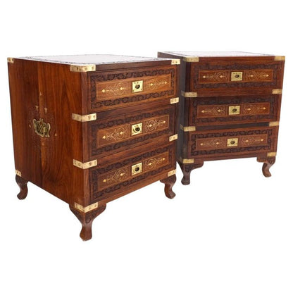 Pair 3 Drawer Solid Rosewood Campaign Style Brass Inlay Decorated Night Stands