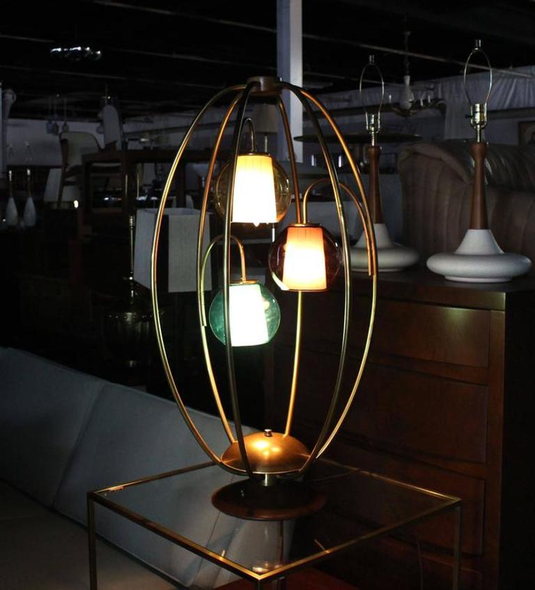 Oval "Bird Cage" Brass Table Lamp Purple Blue Yellow Glass Globe Shades MINT!