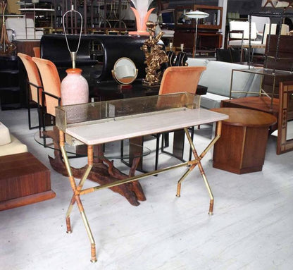 Rare X-Base Brass and Marble Travertine Top Console Table with Planter or Vanity