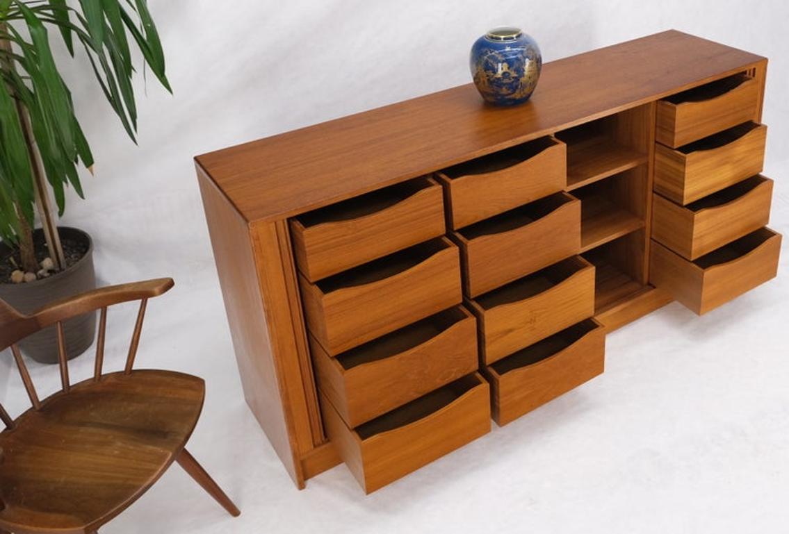 Tambour Doors 12 Deep Drawers 3 Shelves Danish Teak Mid-Century Modern Credenza