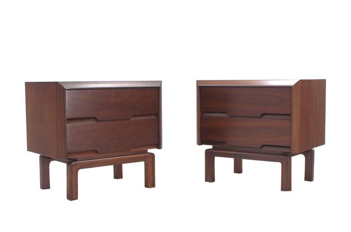 Pair of Danish Mid Century Modern Walnut End Tables Two Drawer Stands