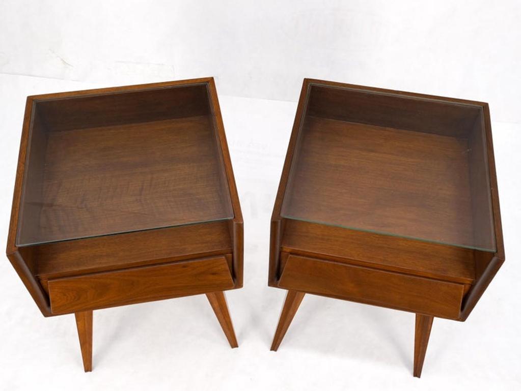 Pair Swedish Mid Century Modern Glass Top Cube Shape End Side Tables NightStands