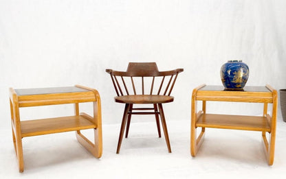 Pair of Mid-Century Solid Oak Smoked Glass Top End Side Tables W Shelves Mint!