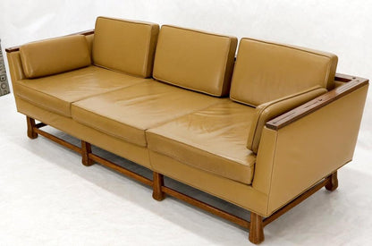 Mid-Century Modern Tan Leather Oak Frame Sofa by Ranch Oak