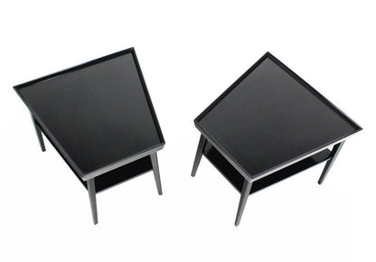 Pair of Black Lacquer Trapezoid Shape Two Tier End Side Tables Stands