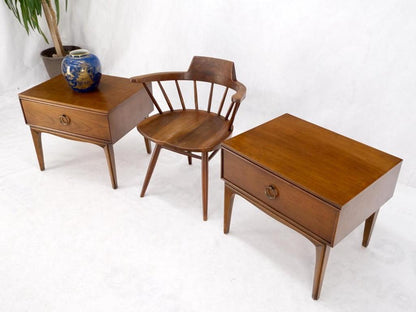 Pair Mid-Century Modern One Drawer End Side Tables Night Stands Brass Ring Pulls