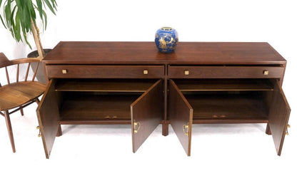 Long Walnut Mid-Century Modern Dresser Credenza w/ Brass Buckle Shape Pulls