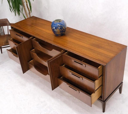 Long Walnut Mid-Century Modern 9 Drawers Credenza Dresser Double Door Cabinet