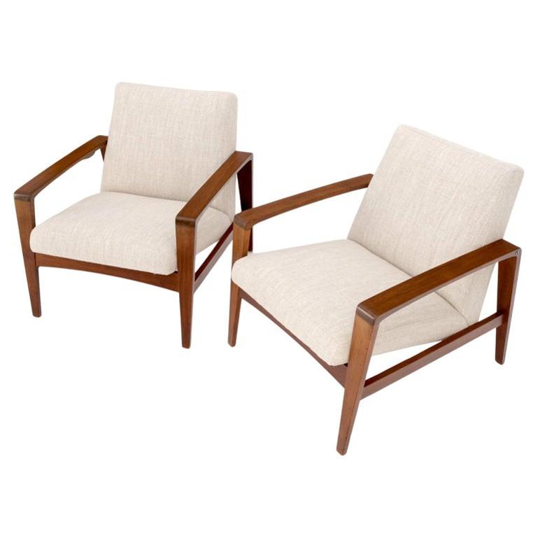 Pair Restored New Oatmeal Upholstery Teak Mid-Century Modern Lounge Arm Chairs