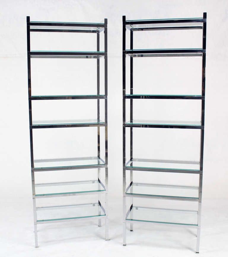 Pair of Tall and Narrow Chrome & Glass Etageres