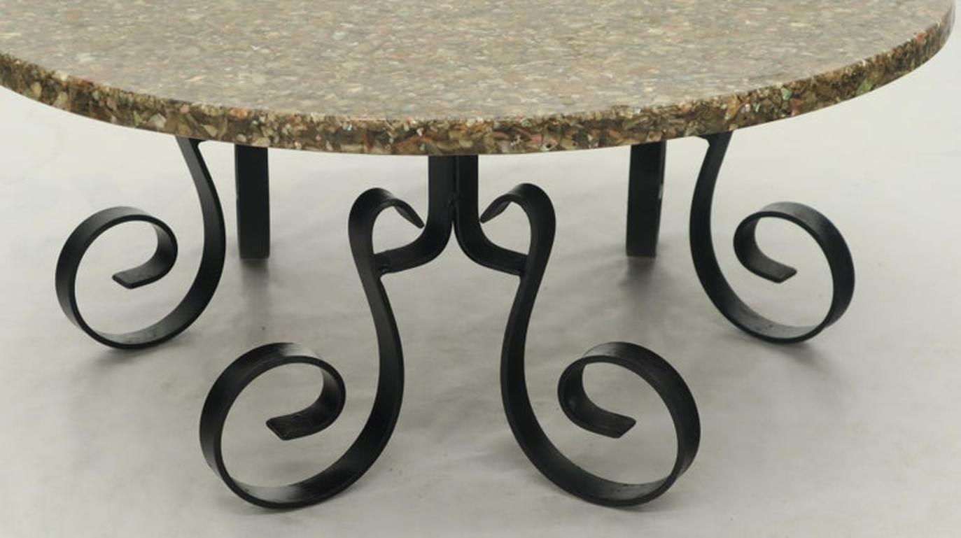 Wrought Iron Base Abalone Composite Round Top Coffee Table