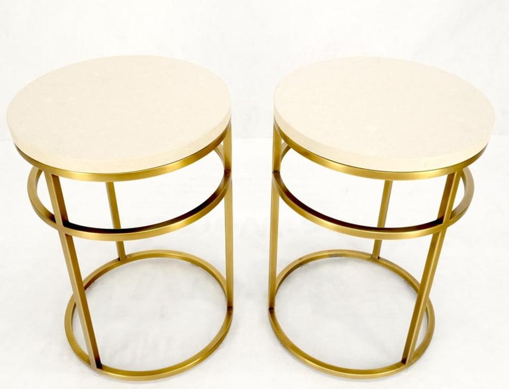 Pair of Round Marble Stone Top Square Brass Profile Base End Side Tables Stands