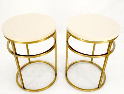 Pair of Round Marble Stone Top Square Brass Profile Base End Side Tables Stands