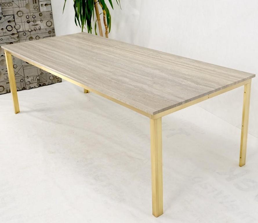 Large Heavy Solid Brass Base Travertine Top Rectangle Dining Table