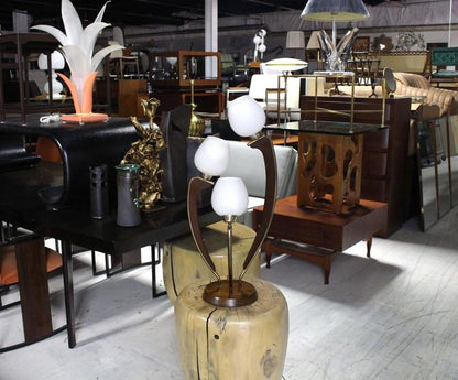 Mid-Century Modern Walnut Brass and Glass Three Shades Table Lamp