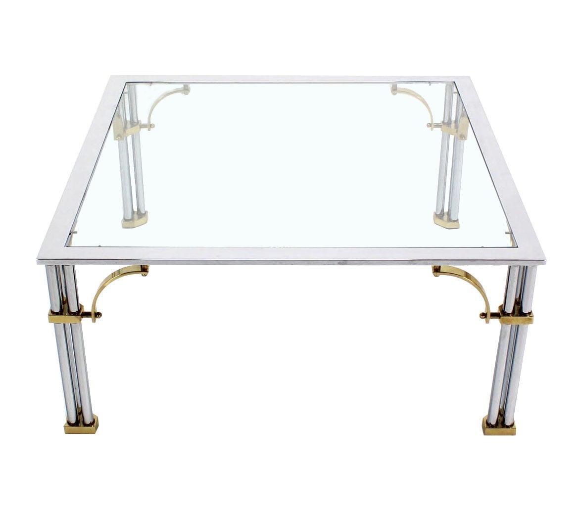 Italian Mid Century Modern Brass Chrome Glass Top Square Coffee Table MINT