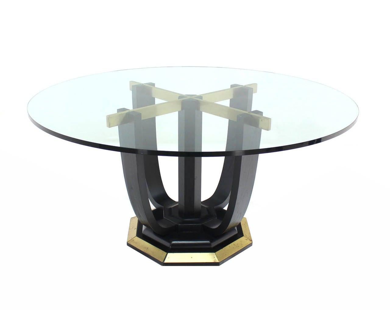 Large Round Glass Top Figural Black Lacquer Bent Wood Brass Base Dining Table