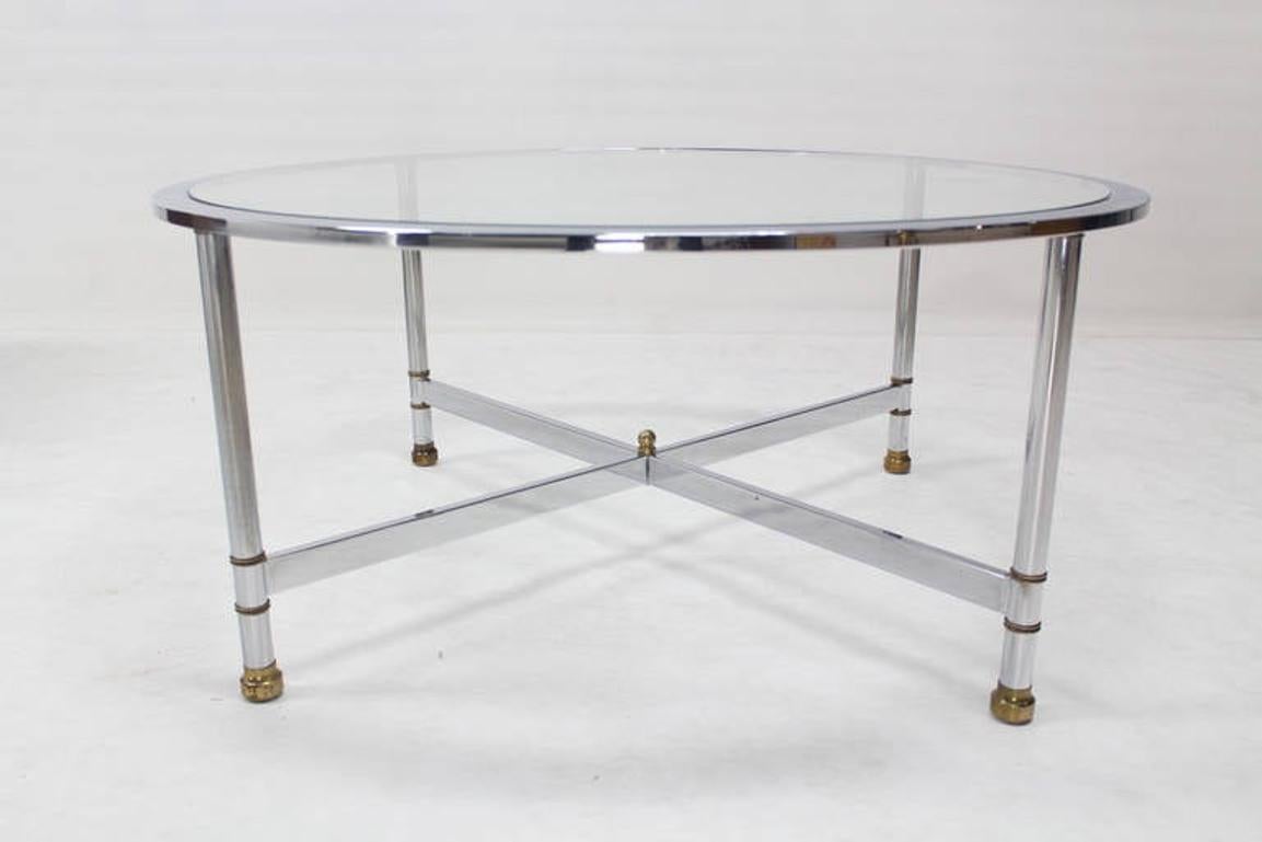 Mid Century Italian Modern Round Chrome & Brass Base Glass Top Coffee Table Mint