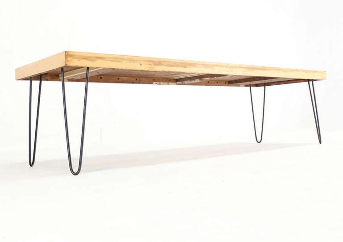 Large Rectangular Vintage Solid Birch Top with Hairpin Leg Coffee Table