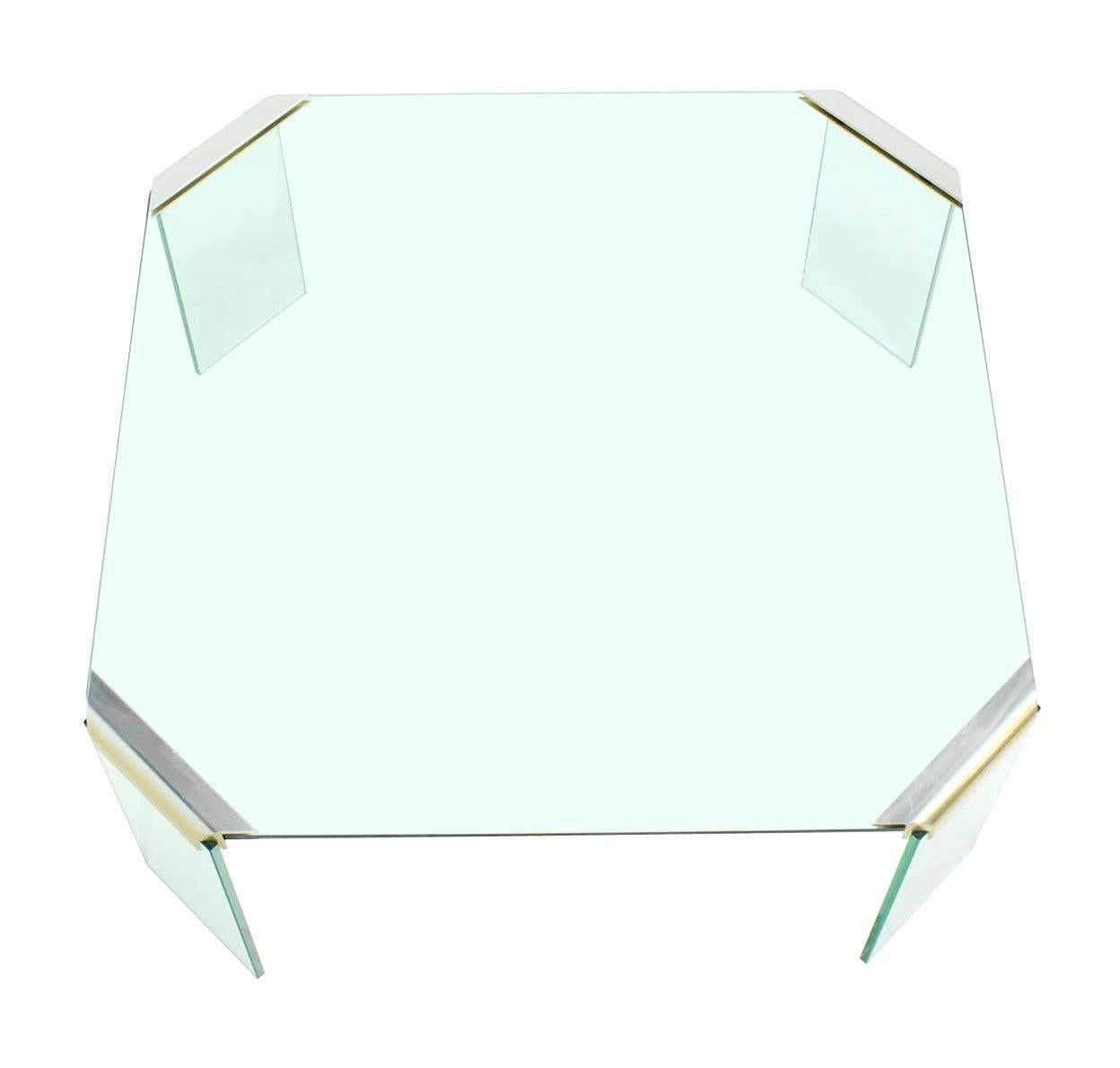 Large Square Cut Corners Style Glass Top & Legs Brass Joint Coffee Table