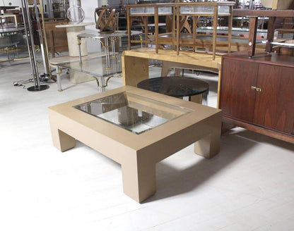 Heavy Thick Square Legs  Beige Lacquer Base Glass Top Rectangle Coffee Table