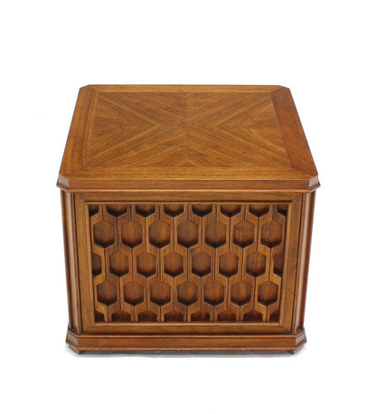 Walnut Carved Honeycomb Pattern One Door Cube Square Shape Side End Table Stand