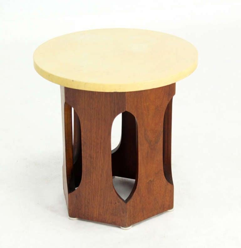 Mid-Century Modern Hexagon Oiled Walnut Base Round Top Side End Table Stand