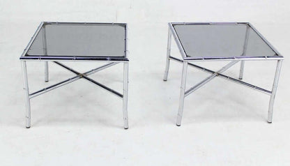 Pair of Chrome Faux Bamboo X Base End Tables with Smoked Glass Tops Mid Century