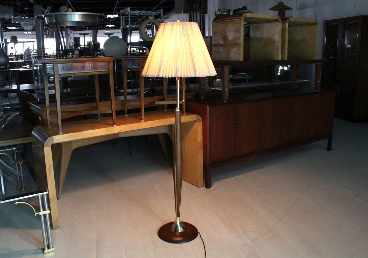 1970's Round Solid Oiled Walnut Brass Trims Base Mid Century Modern Floor Lamp