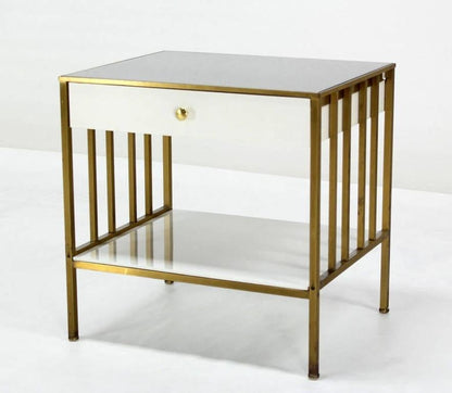 Solid Brass Mid Century Modern End Side Table One Drawer Stand Smoked Glass Top