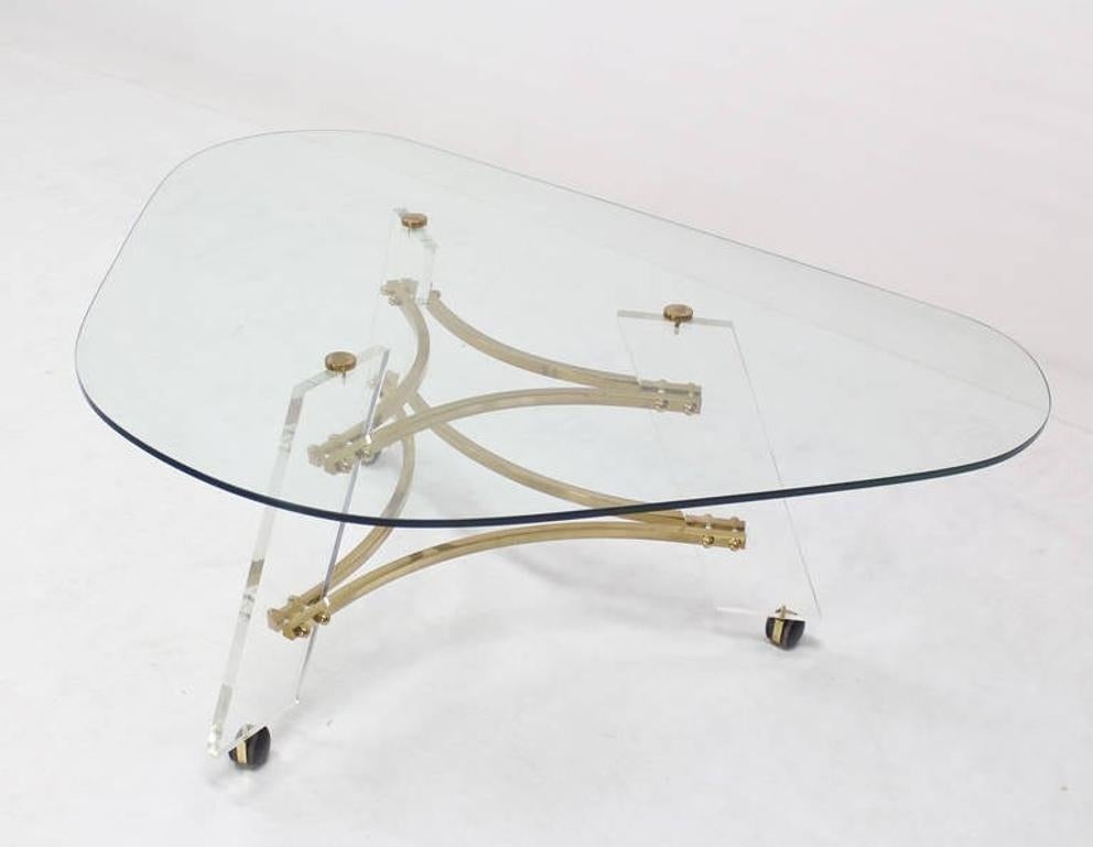 Mid Century Modern Kidney Shape Brass & Lucite Base Coffee Table Mint!