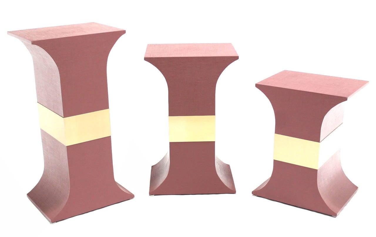 Grasscloth Wrapped Three Mid Century Modern Pink Lacquer Brass Trim Pedestals