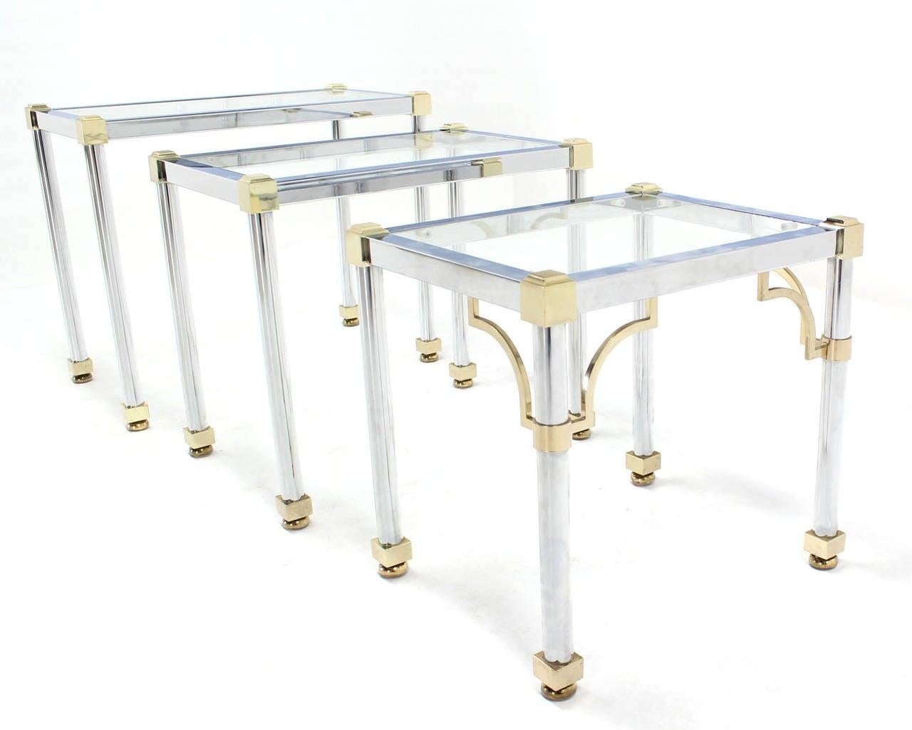 Set of 3  Chrome and Brass Metal Glass Top Nesting Side End Occasional Tables