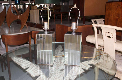 Pair of Square Sky Scraper Shape Mid-Century Modern Mirrored Table Lamps MINT!