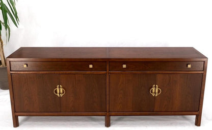 Long Walnut Mid-Century Modern Dresser Credenza w/ Brass Buckle Shape Pulls