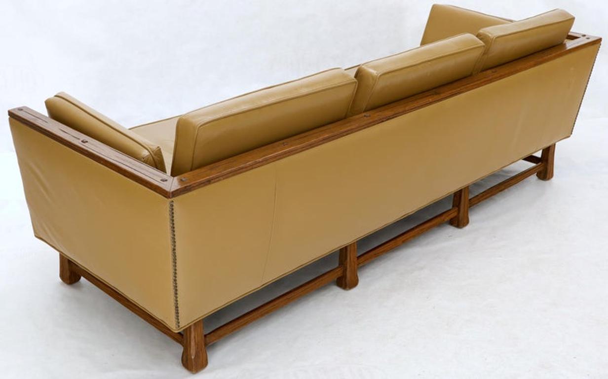 Mid-Century Modern Tan Leather Oak Frame Sofa by Ranch Oak