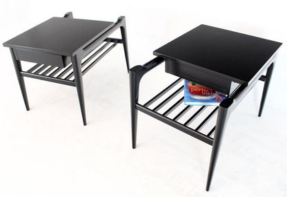 Pair of Black Ebonised One Drawer End Nightstands with Magazine Rack Sculptural