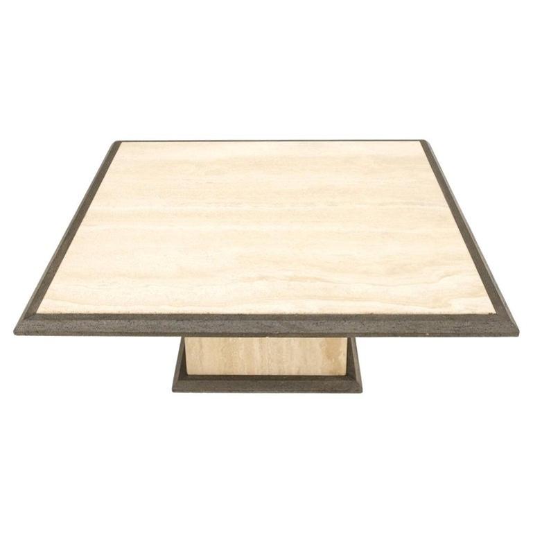 Two Tone Square Travertine Coffee Table Grey Bezel Italian Mid Century Mode